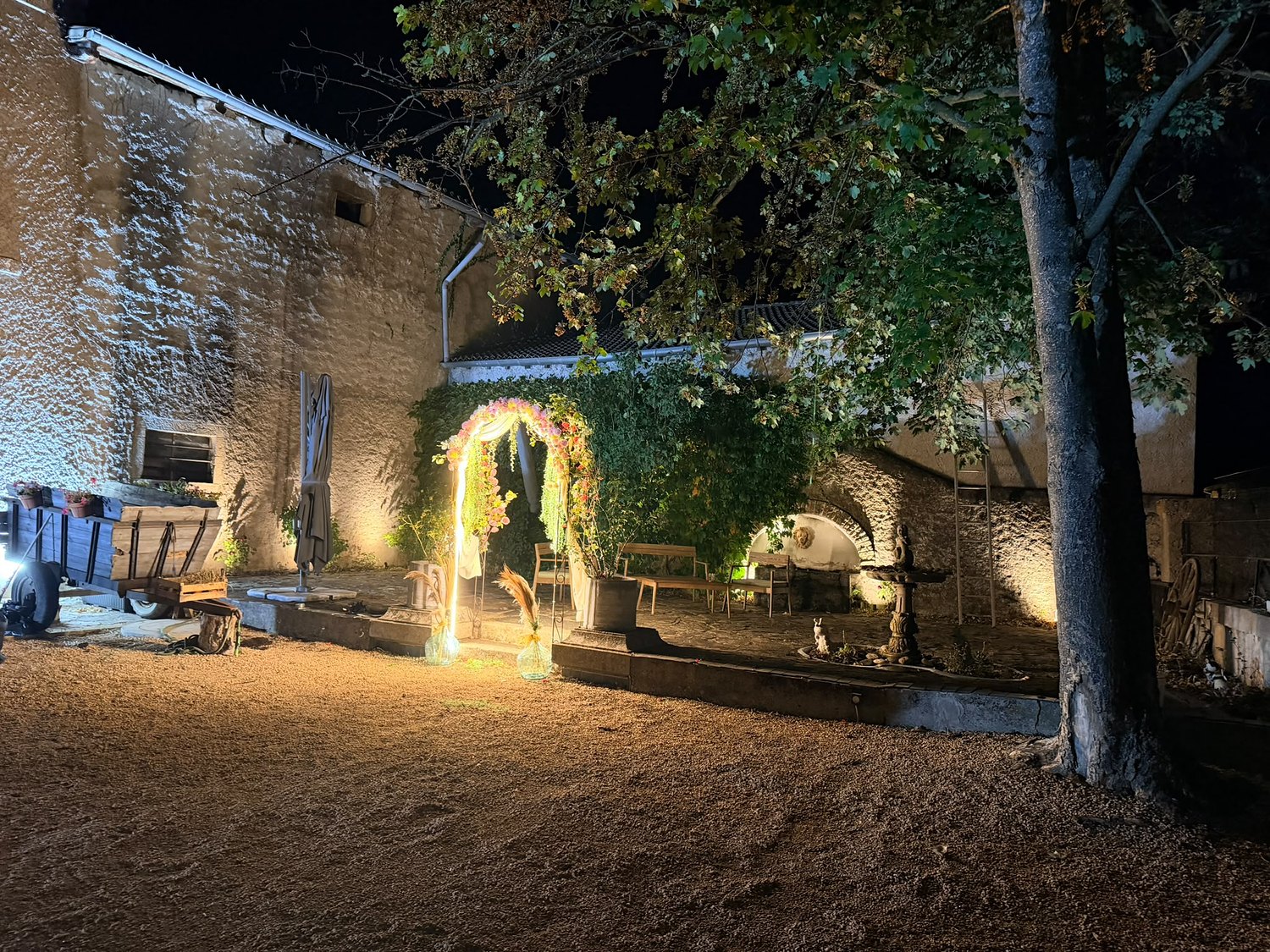La cour du château de nuit, son arche fleurie et ses lumières